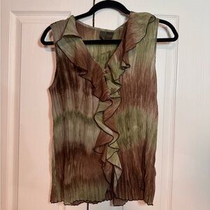 Gorgeous green brown semi sheer ruffle sequin sleeveless blouse medium